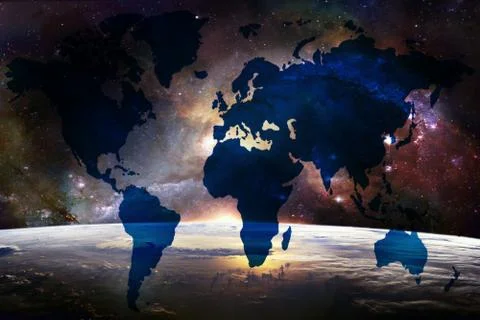 Abstract Artistic World Map On An Earth Horizon Into Deep Space Galaxy Backgr Stock Illustration