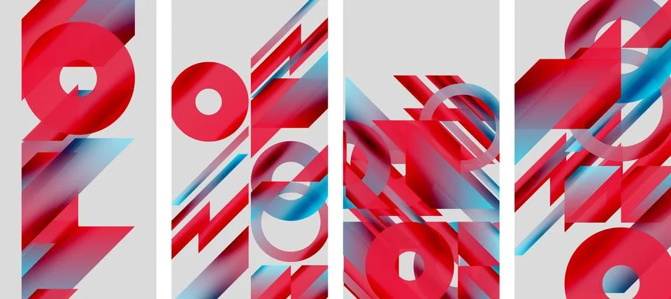 Abstract artwork features bold red, white, blue shapes. Geometric forms create Stock Illustration