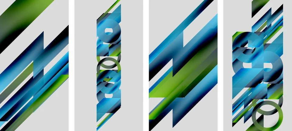 Abstract artwork features diagonal stripes, text elements, vibrant blue, green 스톡 일러스트
