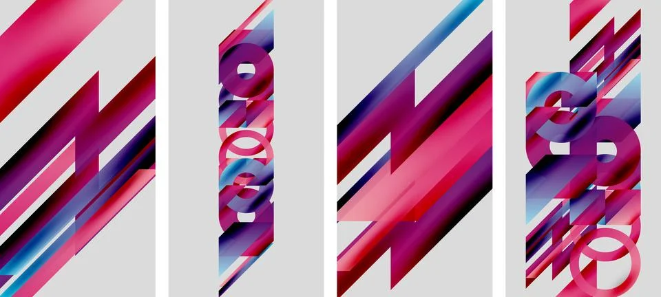 Abstract artwork features vibrant diagonal lines, bold colors, text elements. Stock Illustration