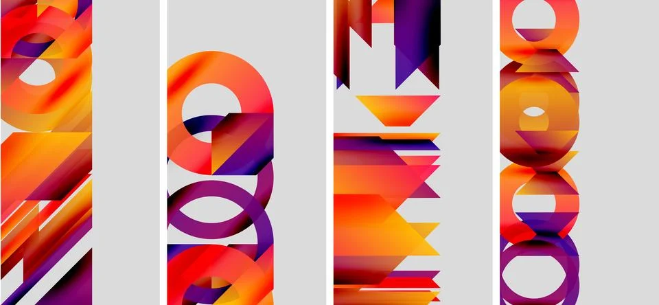 Abstract artwork features vibrant gradients, geometric shapes, bold colors. Four Stock Illustration