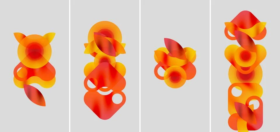 Abstract artwork. Four panels display overlapping orange circles, creating Stock Illustration