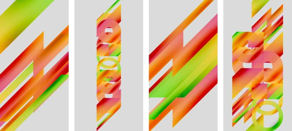 Abstract artwork. Four panels display vibrant diagonal lines, gradients, text 스톡 일러스트