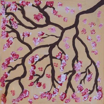 Abstract artwork of pink cherry tree blossom on yellow background Stock Photos