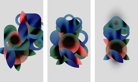 Abstract artwork. Three panels display overlapping colorful shapes, blending Stock Illustration
