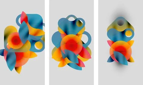 Abstract artwork. Three panels display vibrant overlapping circles, gradients, Stock Illustration