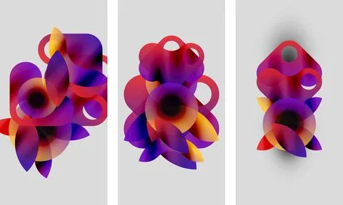 Abstract artwork. Three panels display vibrant purple, red, yellow gradients. Stock Illustration