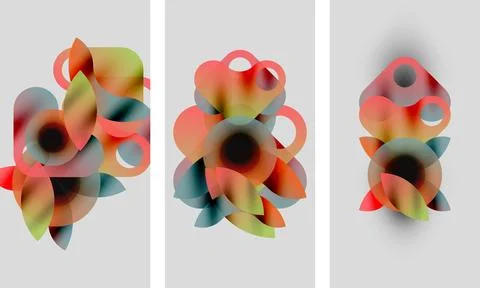 Abstract artwork. Three panels display colorful overlapping shapes, gradients, 스톡 일러스트