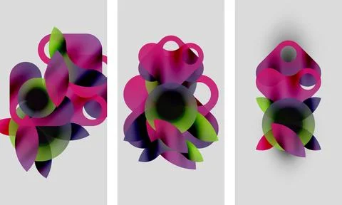 Abstract artwork. Three panels display vibrant overlapping shapes, pinks, Stock Illustration
