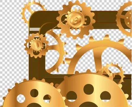 Abstract assembly is rotating in 2D art with golden gears striped frame on Stock Illustration