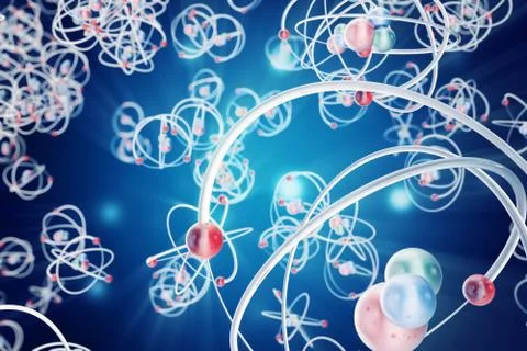 Abstract atom background, digital illustration of atom. Glowing energy balls Stock Illustration