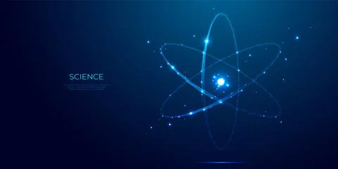 Abstract atom cosmic symbol. Nuclear science concept. Blue background Stock Illustration
