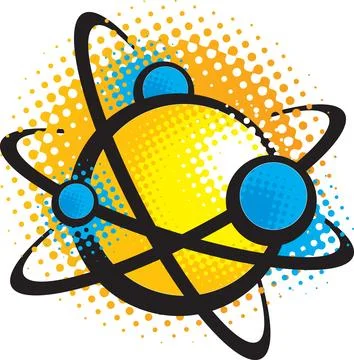 Abstract Atom Model with Orbiting Electrons and Halftone Dots Background Illustration
