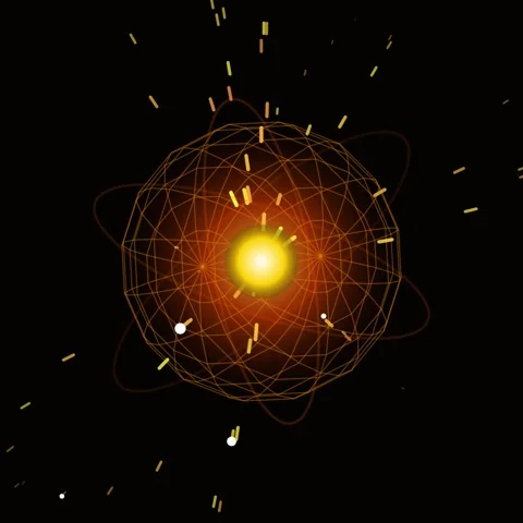 Abstract atom nucleus with glowing energy and orbiting electrons, science c.. Video stock 346282695