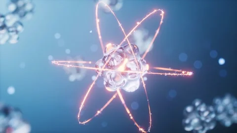 Abstract atom nucleus with glowing orbital electrons in motion, conceptual .. Stock Footage 332228278