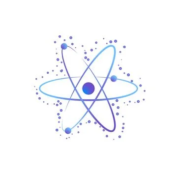 Abstract atom symbol with glowing particles and gradient orbit lines. Scienti Ilustración de archivo