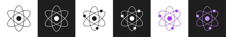Abstract atomic icons set isolated on black and white background. Concept o.. Illustrazione stock