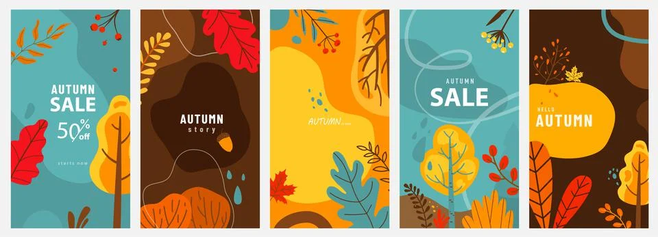 Abstract autumn backgrounds vector set. Fall banners with leaves, trees, plant Stock Illustration