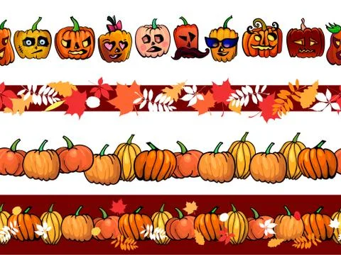 Abstract autumn frame seamless pattern border template with pumpkins and fall Stock Illustration