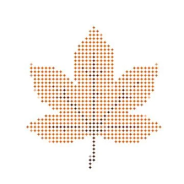 Abstract autumn leaf shape composed of colorful digital dots on white backg.. Stock Illustration