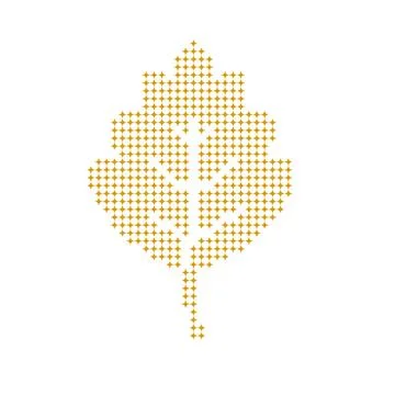 Abstract autumn leaf shape made of glowing golden dots on white background. Stock Illustration