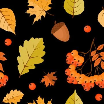 Abstract Autumn Seamless Pattern  Background with Falling Leaves, Rowan and A Illustrazione stock