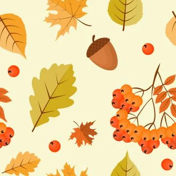 Abstract Autumn Seamless Pattern  Background with Falling Leaves, Rowan and A 스톡 일러스트