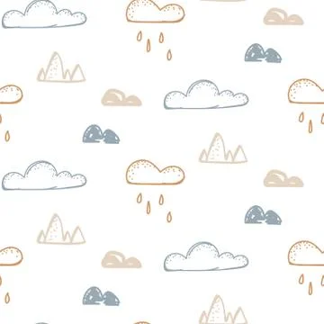 Abstract baby seamless neutral pattern with clouds. Kids hand drawn cloudy sky Illustrazione stock