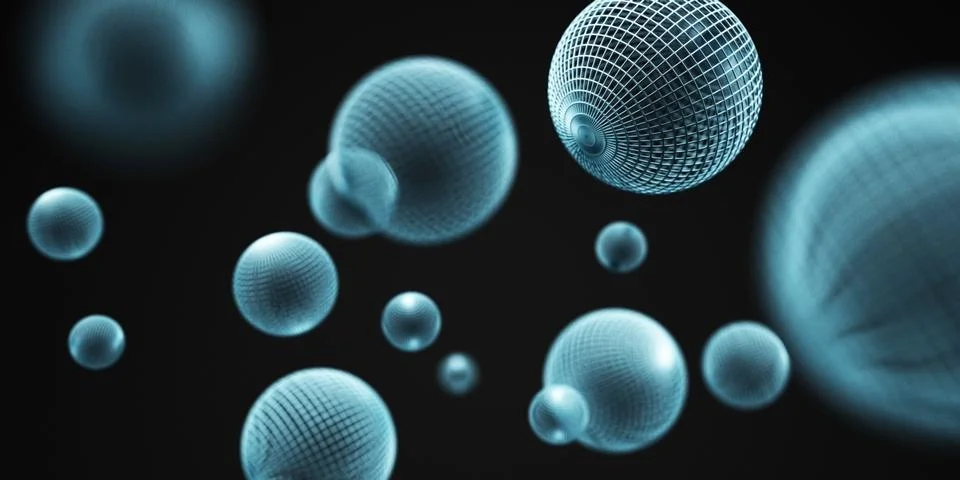 Abstract background with 3d dynamic spheres blue bubbles 3d rendering Ilustração Stock