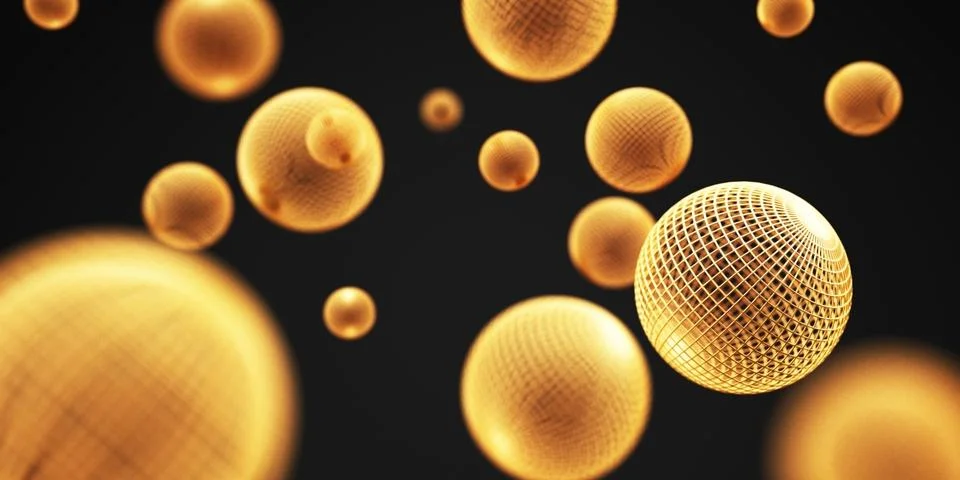 Abstract background with 3d dynamic spheres yellow bubbles 3d rendering Ilustração Stock