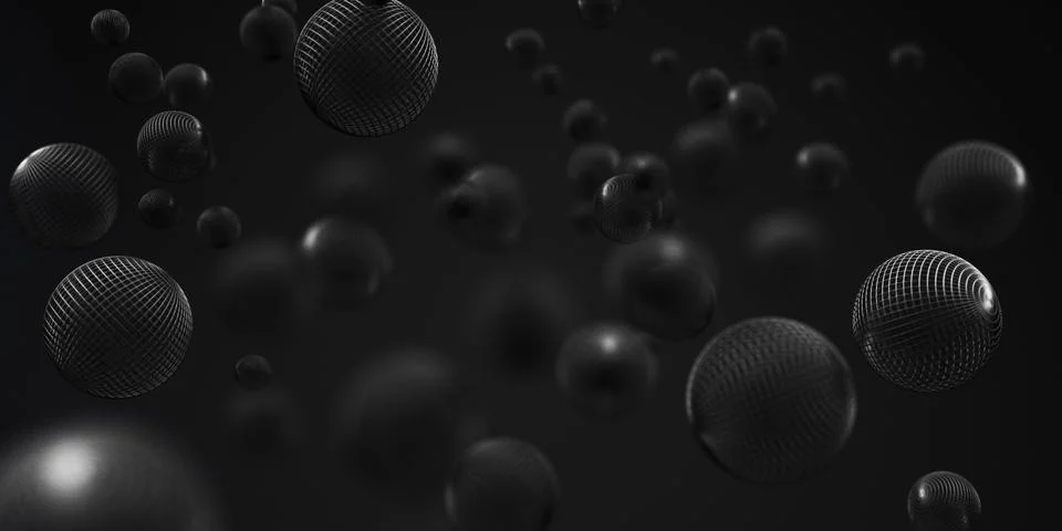 Abstract background with 3d dynamic spheres Black bubbles 3d rendering Ilustração Stock