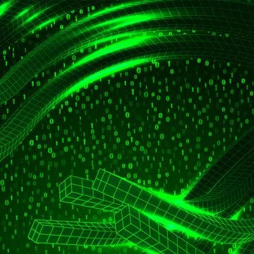Abstract background with 3D grid lines waving with running digits on the Illustrazione stock