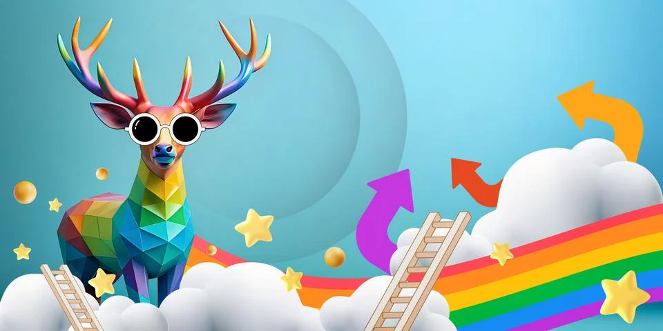 Abstract Background. 3D Low poly of rainbow deer concept of ladder success Stock Illustration