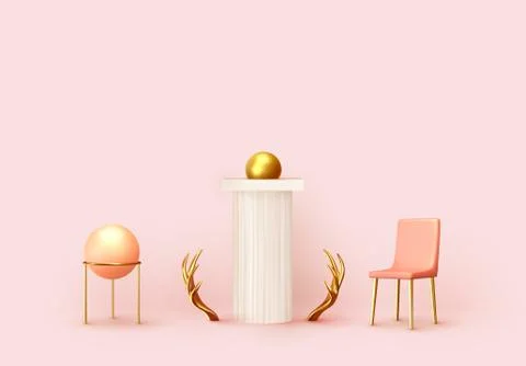 Abstract background with 3d realistic objects design. Interior art installati Illustrazione stock