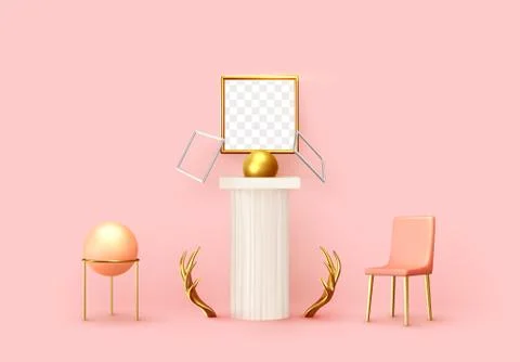 Abstract background with 3d realistic objects design. Interior art installati Stock Illustration