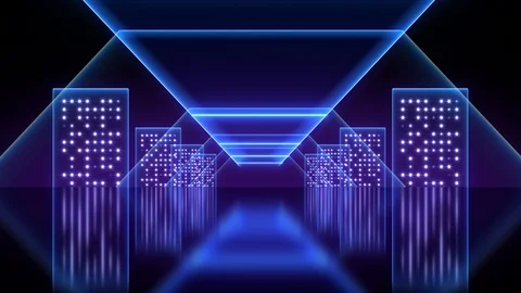 Abstract background animation neon glow light forms tunnel reflection floor loop Stock Footage 126891823
