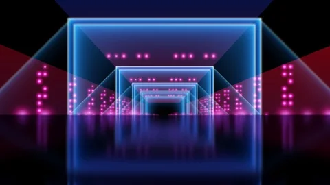 Abstract background animation neon glow light forms tunnel reflection floor loop Stock Footage 126895147