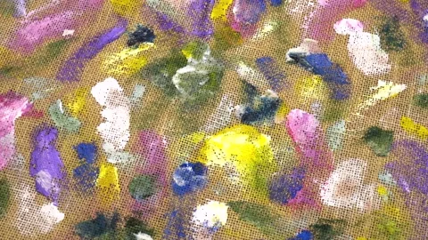 Abstract background on beige burlap fabric formed by paint brushes and paints Stock Footage 333568726