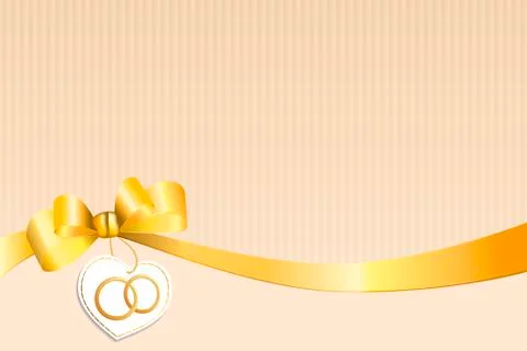 Abstract background beige strips white yellow bow heart with wedding gold rings  Stock Illustration