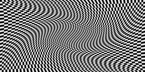 Abstract background with black and white chess board twirl futuristic waves art Stock Illustration