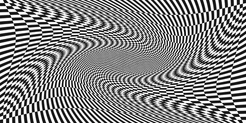Abstract background with black and white chess board twirl futuristic waves art Stock Illustration