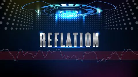 Abstract background of blue futuristic technology glowing blue REFLATION text Stock Illustration