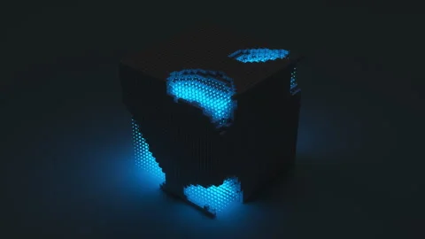 Abstract background of blue neon cyber cubes at night in the room. 스톡 동영상 253364343