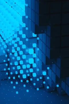 Abstract background of blue neon cyber cubes at night in the room. Artificial Stock Illustration