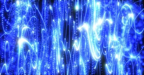 Abstract background blue from pixel particles and lines flying in waves of .. Illustrazione stock