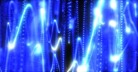 Abstract background blue from pixel particles and lines flying in waves of fu Stock Illustration