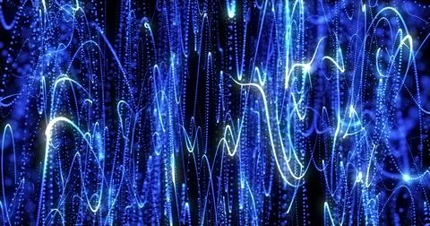 Abstract background blue from pixel particles and lines flying in waves of .. Illustrazione stock