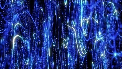 Abstract background blue from pixel particles and lines flying in waves of .. Stock Illustration