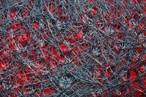 Abstract background of blue plastic threads on a red backdrop Foto stock
