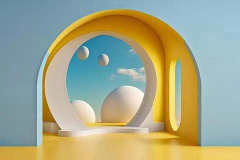 Abstract background with blue sky inside the arch door on a yellow wall Illustrazione stock